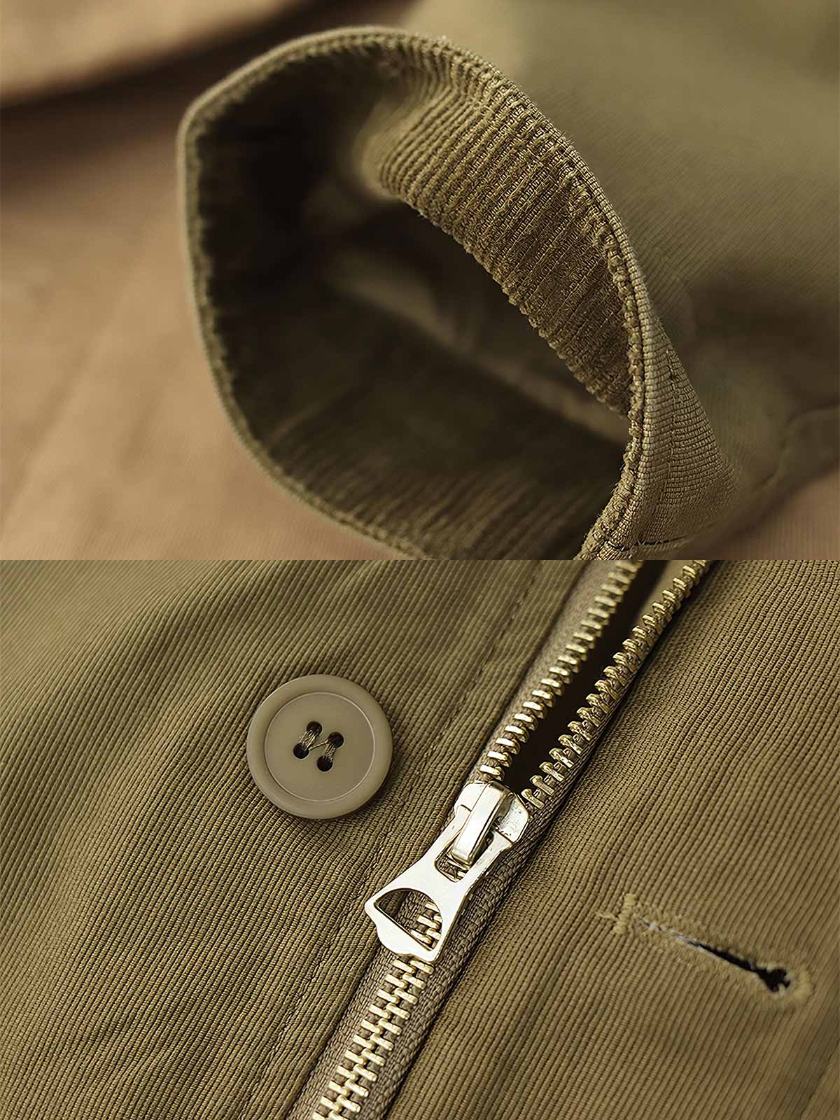 製品画像: N1アメカジレトロデッキワークジャケットのフロントビュー
詳細画像: コーデュロイ襟とジッパー・ボタンの二重前立てディテール