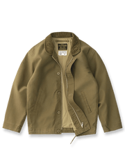 製品画像: N1アメカジレトロデッキワークジャケットのフロントビュー
詳細画像: コーデュロイ襟とジッパー・ボタンの二重前立てディテール