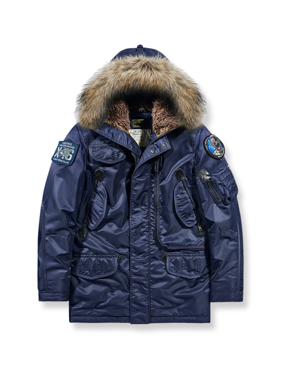 ウインドフラップやスナップポケット、取り外し可能ファー付きフードを備えたN-3B改良型フライトジャケット。