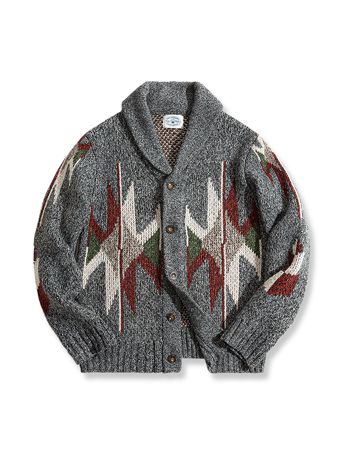 ナバホ柄幾何学模様とショールカラーが特徴のNavajaセーターの全体とディテールを写した写真