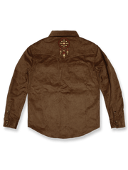 Navajoスタイル刺繍が映えるコーデュロイワークシャツ、正面と背面の全体図