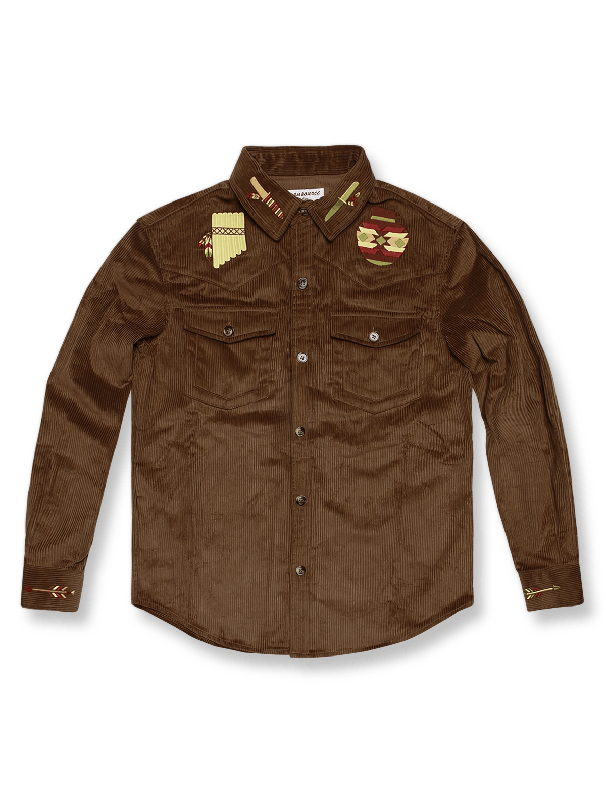 高密度コーデュロイにNavajoスタイルの立体刺繍を施したワークシャツ。