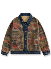 Navajoジャカードデニムジャケットの全体正面画像、ジャカードパターンとブロンズメタルボタンのディテール。