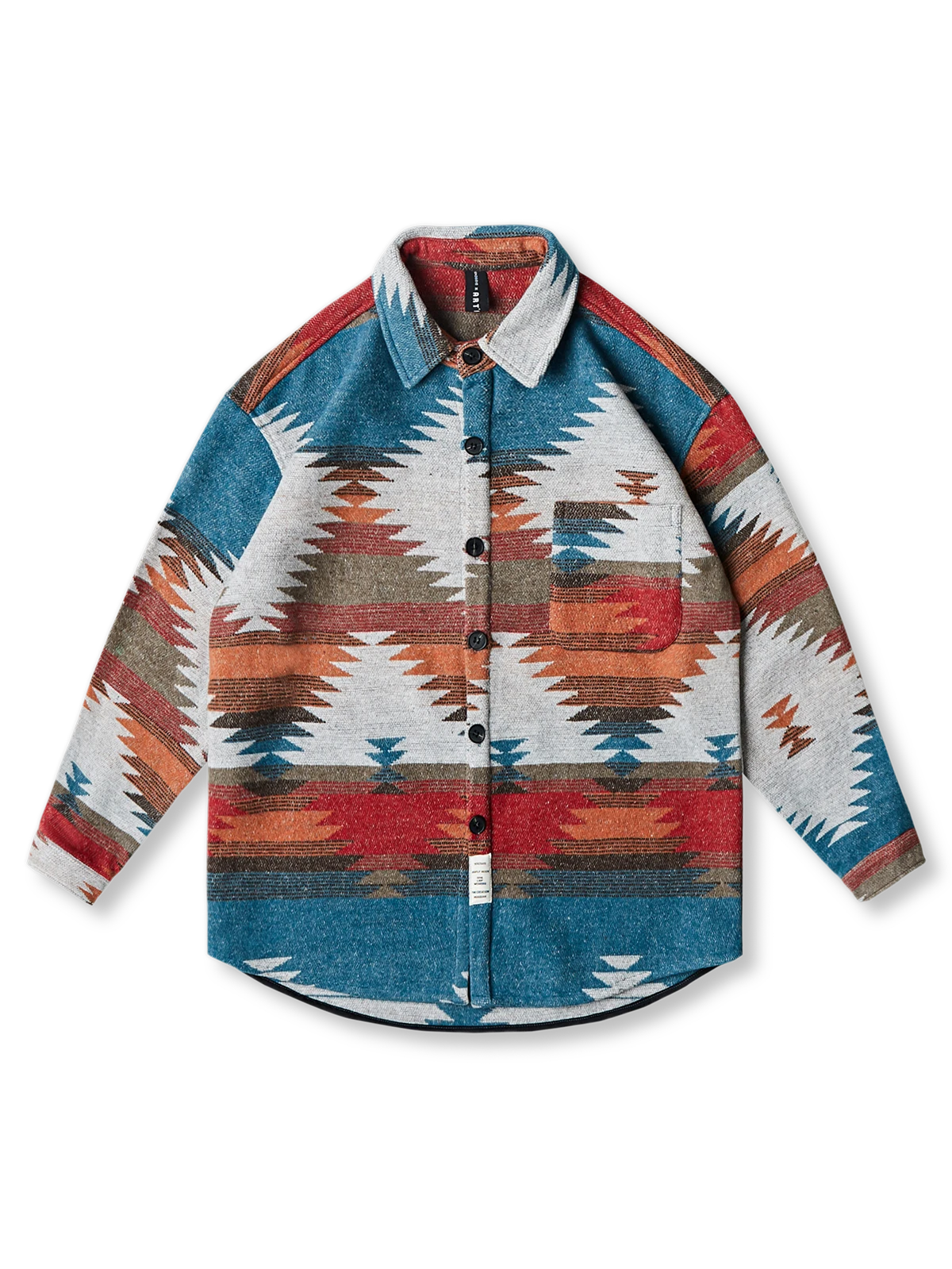 ナバホ柄ジャガード織りツイード長袖シャツの全体と胸ポケットディテールを写した写真