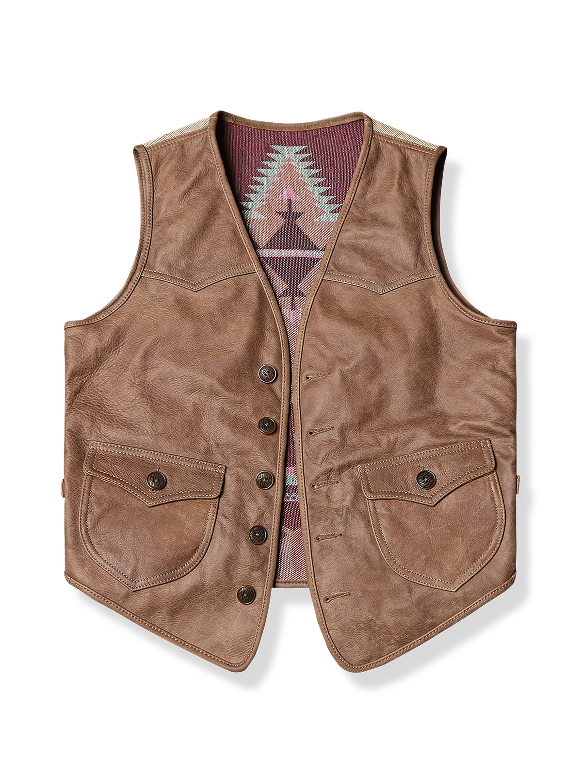 ナバホ柄が美しい本革レザーウエスタンベスト、前後で異なる素材とデザインが映えるモダンなシルエット