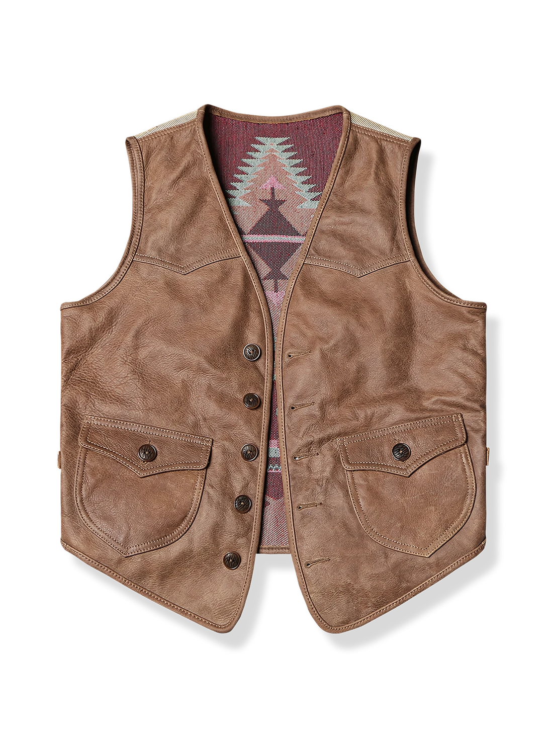 ナバホ柄が美しい本革レザーウエスタンベスト、前後で異なる素材とデザインが映えるモダンなシルエット