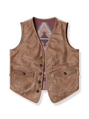 ナバホ柄が美しい本革レザーウエスタンベスト、前後で異なる素材とデザインが映えるモダンなシルエット
