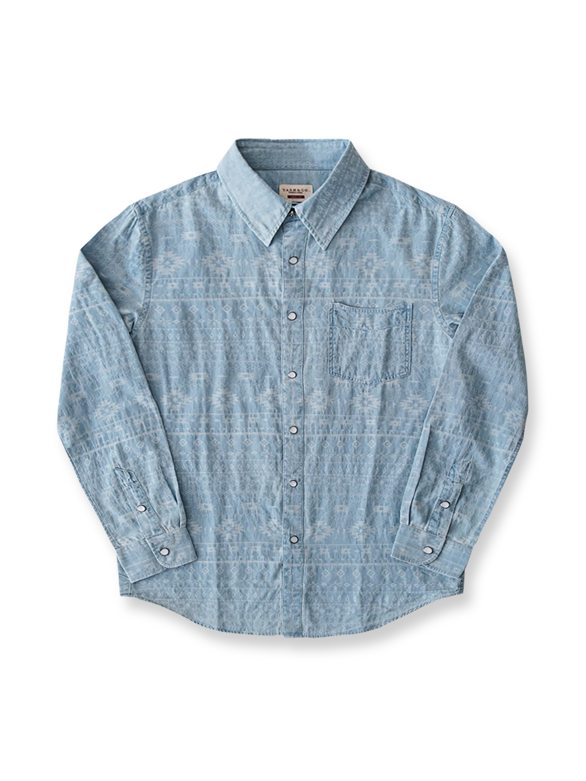 ナバホ文化モチーフを織り込んだジャガードデニムシャツ。