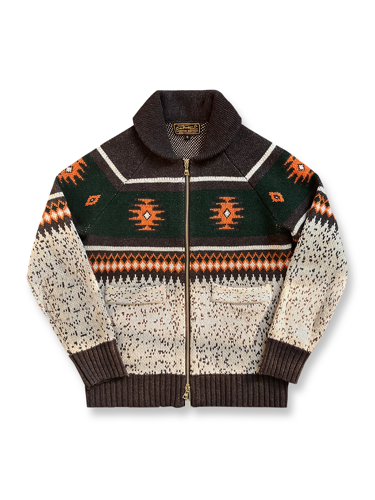 ナバホ柄オープンカラーウール混紡カーディガン。