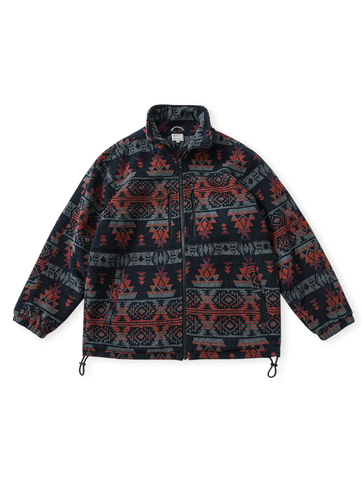 ナバホ柄の厚手フリースジャケット。ジッパーポケット、ワッフルフリース内装、高密度ゴム袖口付き。