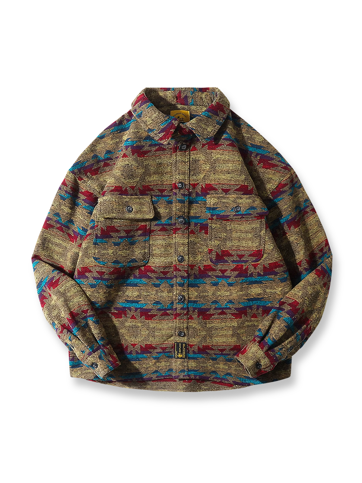 ナバホ柄をあしらったウール混紡シャツ。耐久性と快適性を持ち、民族的なデザインが秋冬のコーデに個性をプラス。