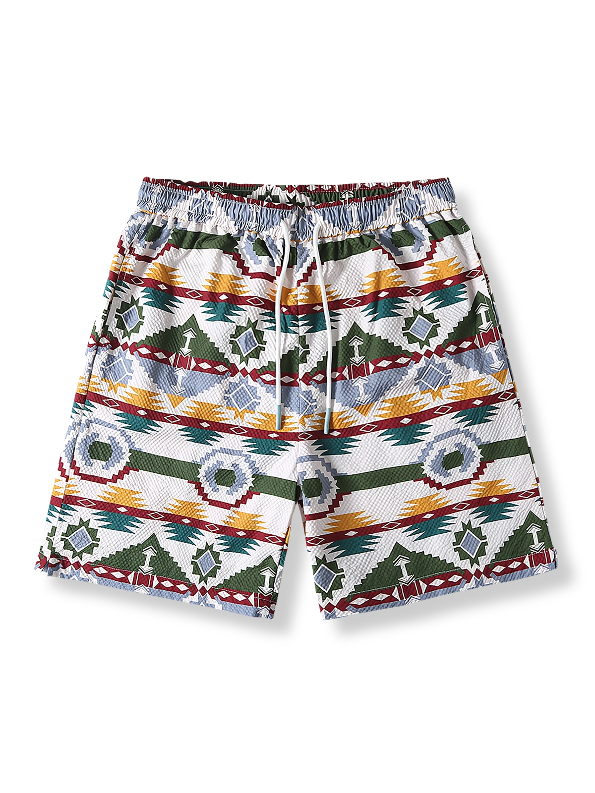 ナバホ柄プリントと隠しポケットが特徴の速乾シワ加工ハワイアンショーツ