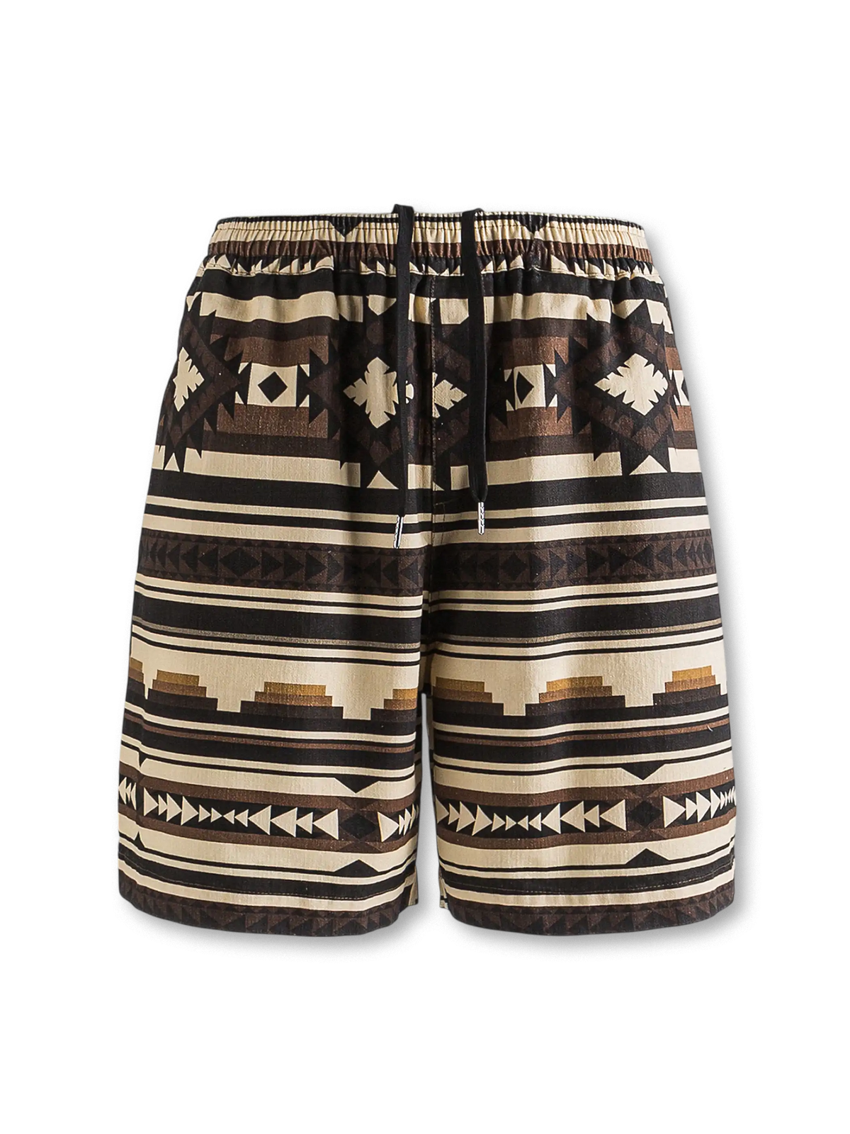 ナバホ族の幾何学柄をプリントし、通気性とリラックスした着心地が特徴のコットンショーツ。