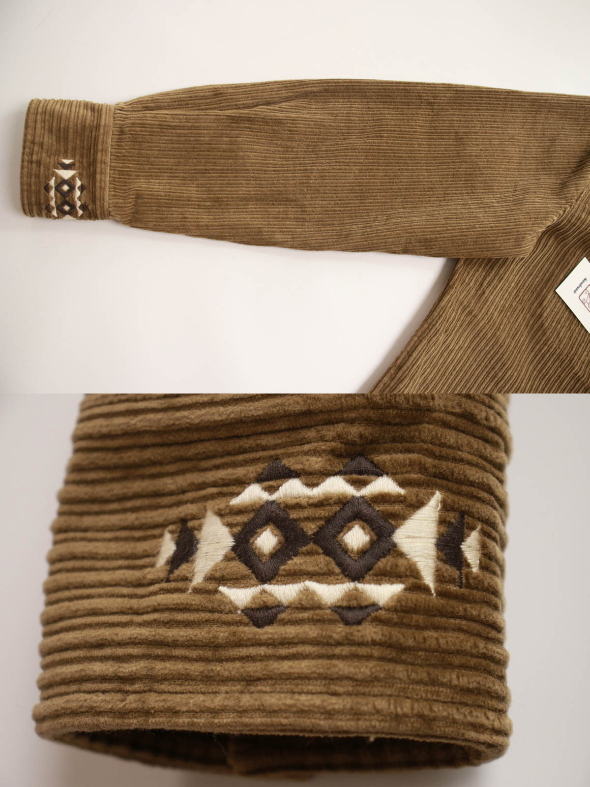 Navajo風刺繍とコーデュロイ生地の質感を強調したディテール特写