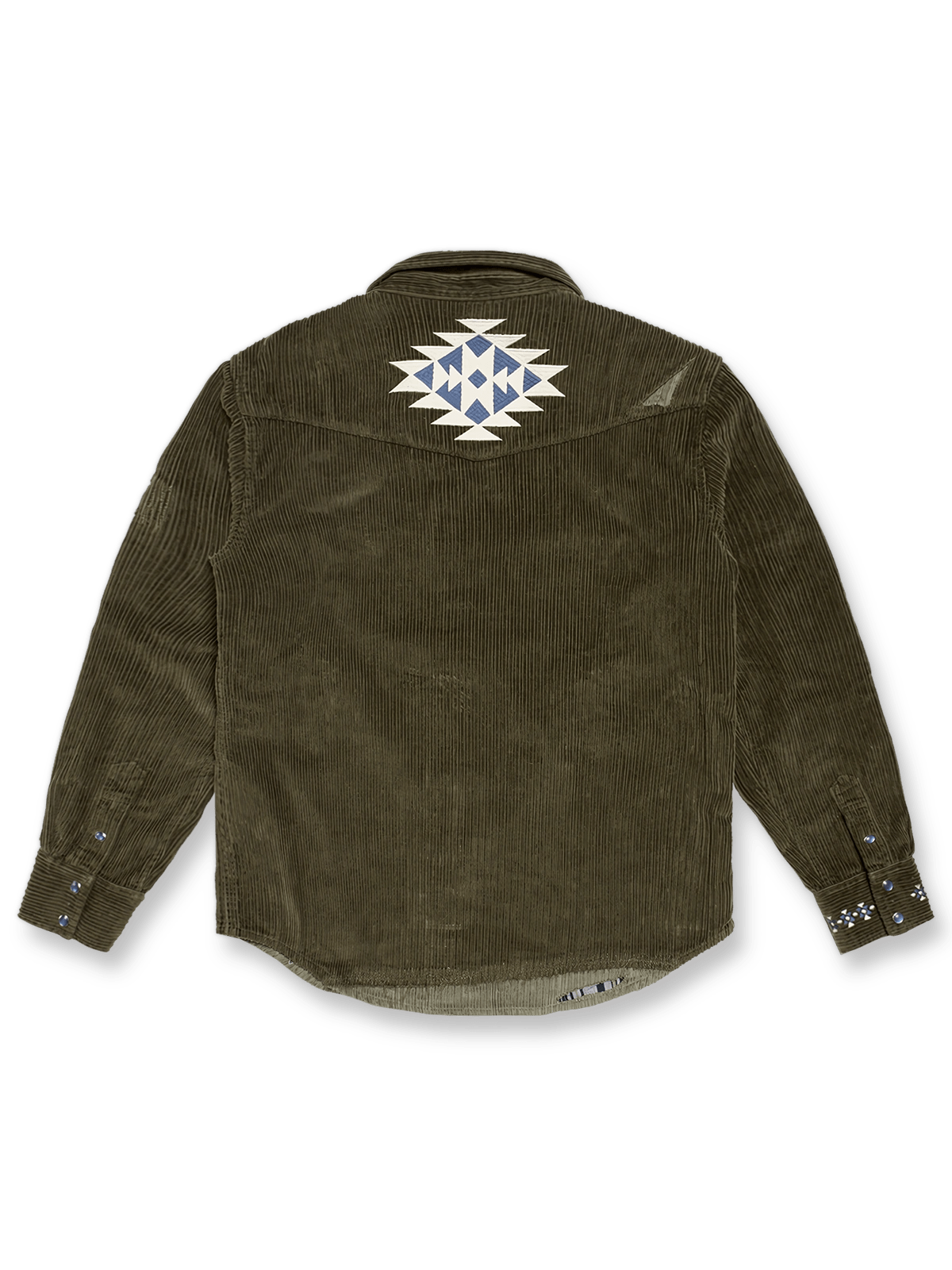 Navajo刺繍ヴィンテージ加工コーデュロイワークシャツ、正面と背面の全体図