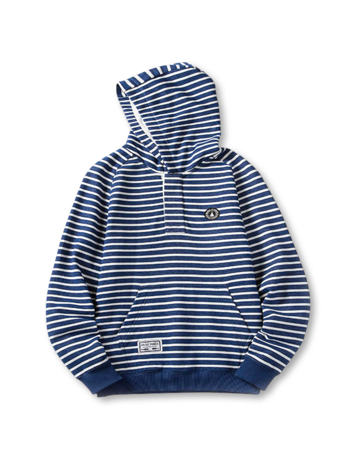 ネイビーボーダー柄とゆったりシルエットが特徴のフーディ。軽量で伸縮性のある快適素材使用。