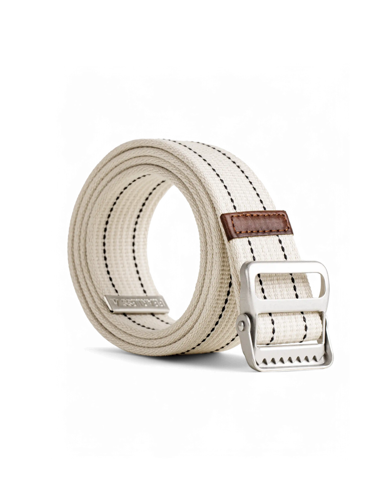 穴なし調整可能な金属バックルとブラウンレザーが特徴のネイビーストライプ編み込みベルト。多用途に対応。