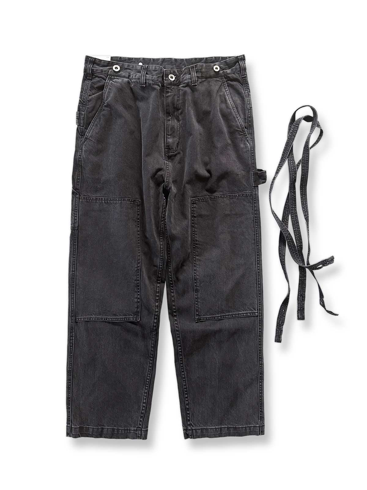 ネイビーカモ柄コットン素材のワイドシルエットワークパンツ。取り外し可能サスペンダーとYKKスナップボタンを備えたヴィンテージスタイルアイテム。