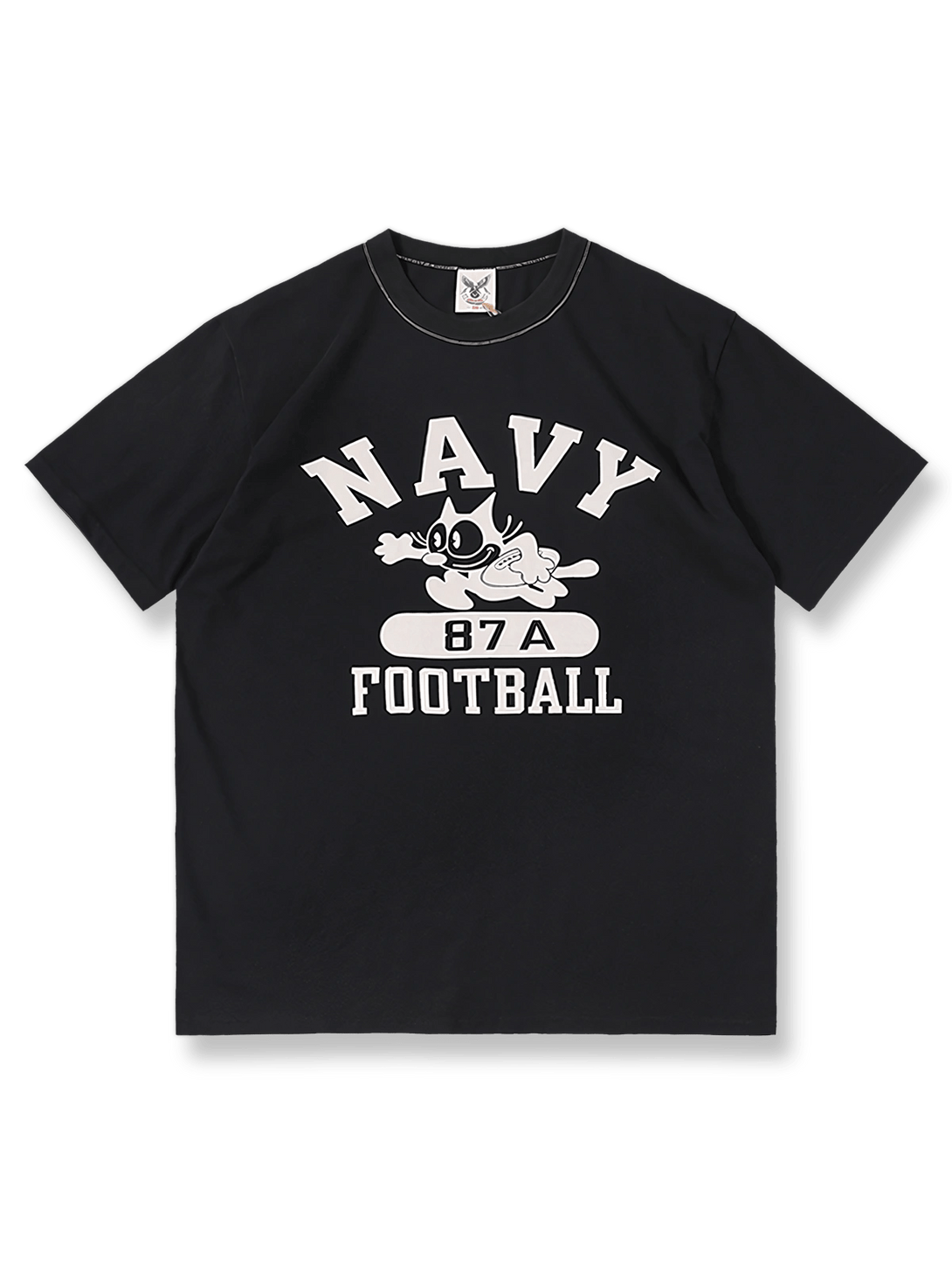 Navy地にFelix the Catと“NAVY 87A FOOTBALL”がプリントされた半袖Tシャツ