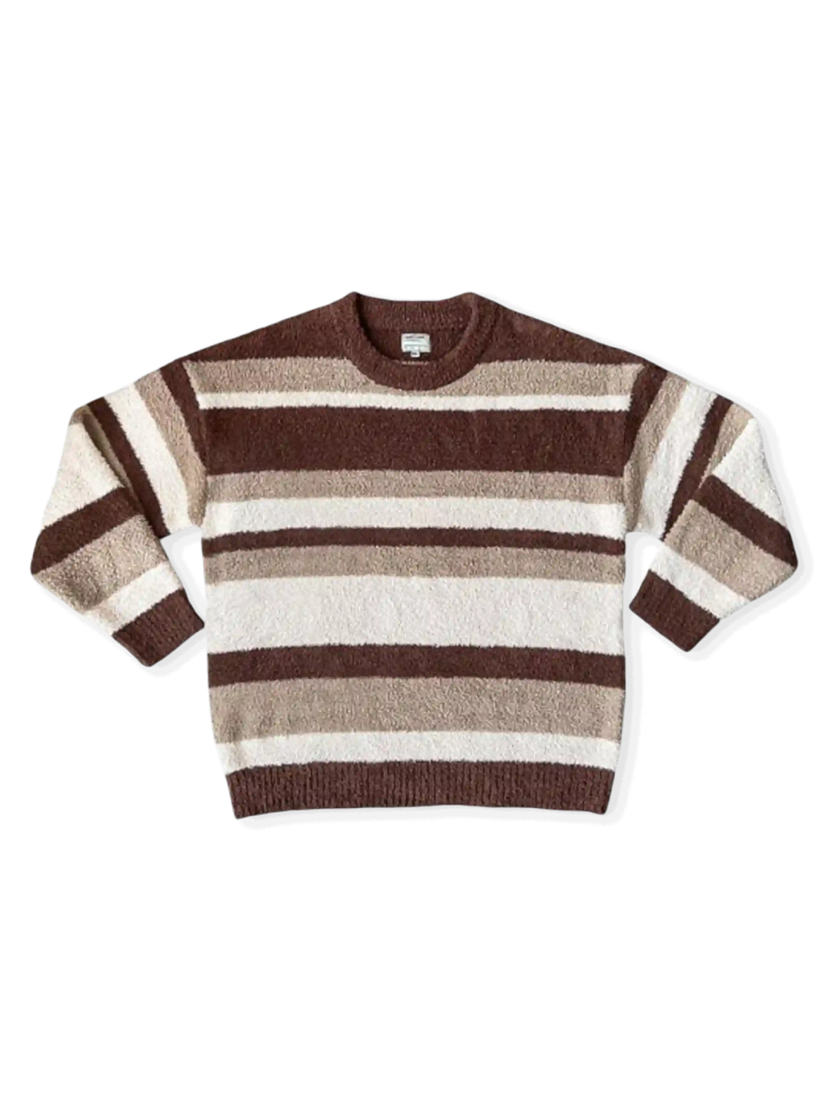 470g半辺フリース素材使用、低彩度ストライプ配色のショート丈ボックスシルエットニット。