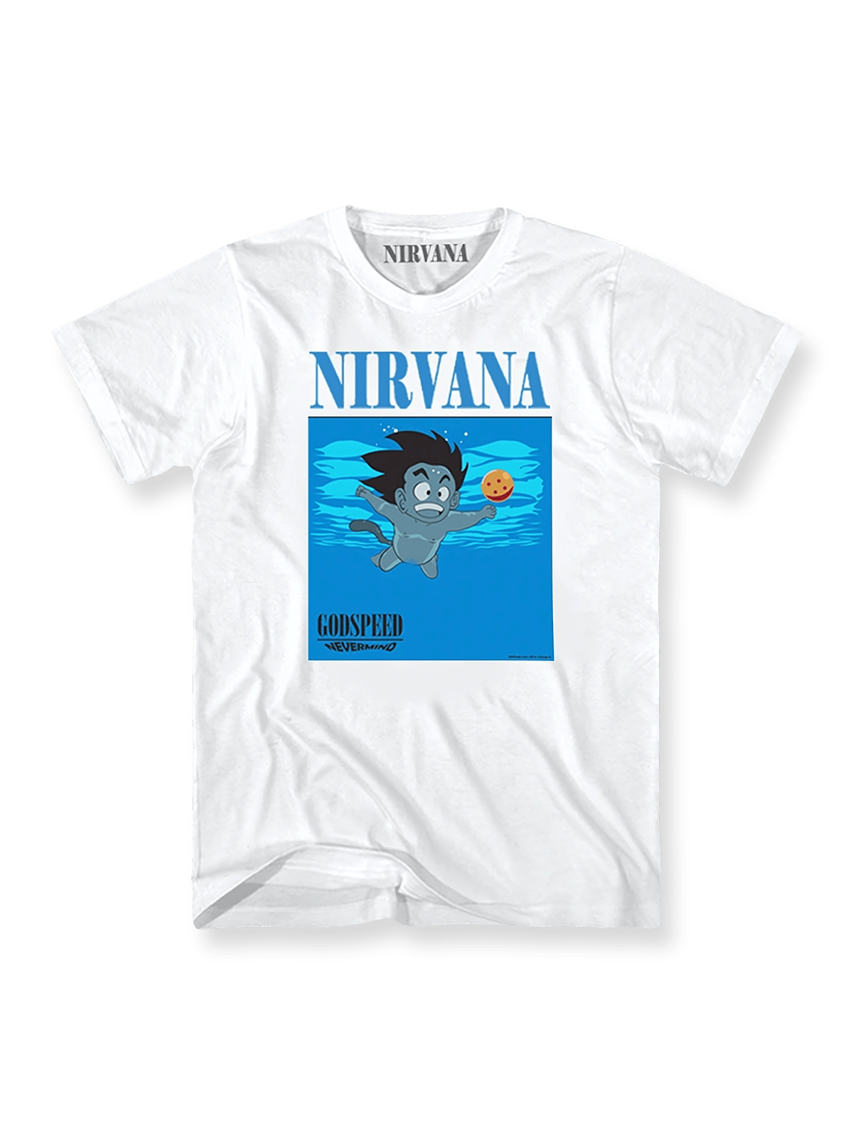 『Nirvana』 x 悟空 カートゥーンプリントTシャツ正面図、『Nirvana』と悟空の要素が融合したデザイン