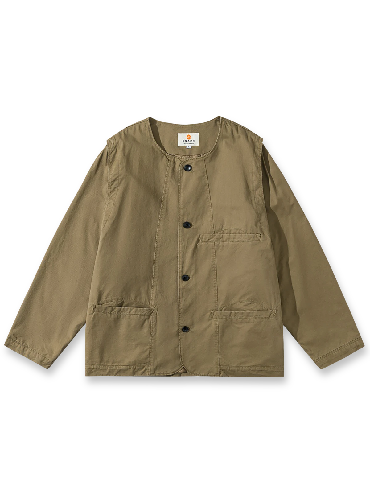  ノーカラーデザインに多機能ポケットを備えたワークジャケット。耐久性のあるコットン素材で、ヴィンテージ感と快適な着心地を両立。