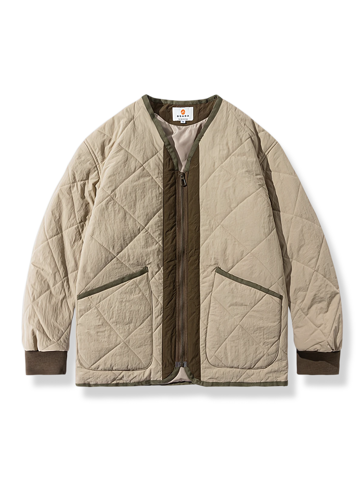 チェック柄拼接のノーカラー中綿キルティングジャケット