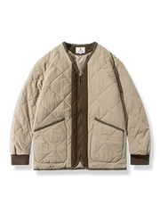 チェック柄拼接のノーカラー中綿キルティングジャケット