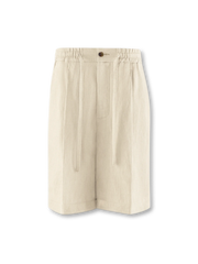 ヘビーウェイトノルマンディーリネンとセンタープレスが特徴の単プリーツショーツ