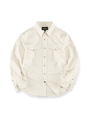 オフホワイトのウエスタンカットコットンシャツ。フェイクジェイドスナップボタンと対称ポケットが特徴のアメカジヴィンテージスタイルアイテム。