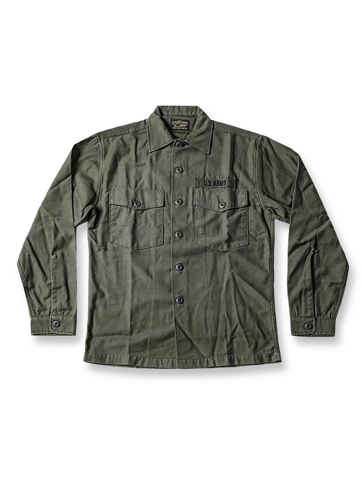 オリーブグリーンの復刻版ミリタリーユーティリティシャツ。