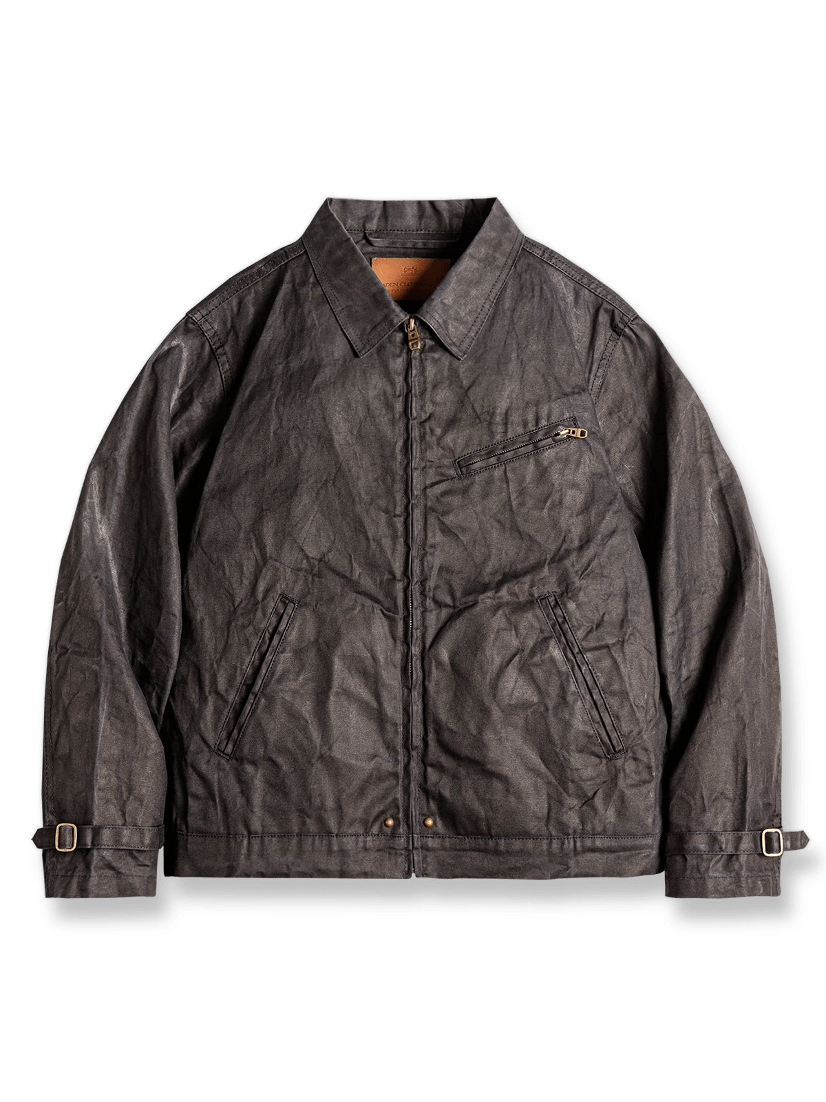 スティールグレーとディープブルーのツートンカラー、カスタムブロンズジッパー、オイルドワックス加工を施した第4世代オイルドジャケット。