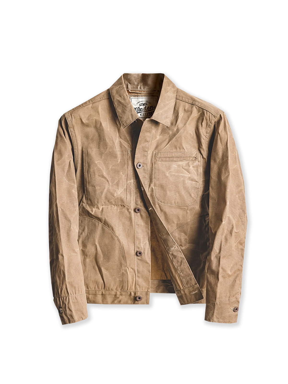 Nihon Menpu製オイルワックス加工キャンバス生地を使用したクラシックなアメリカンワークウェア風ジャケット。撥水性と経年変化を楽しめるデザイン。