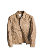 Nihon Menpu製オイルワックス加工キャンバス生地を使用したクラシックなアメリカンワークウェア風ジャケット。撥水性と経年変化を楽しめるデザイン。