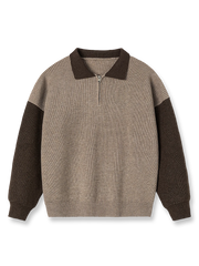 アメリカンスタイルの開襟バイカラーニットセーター。ジッパー付き襟とバイカラー袖デザインが特徴。