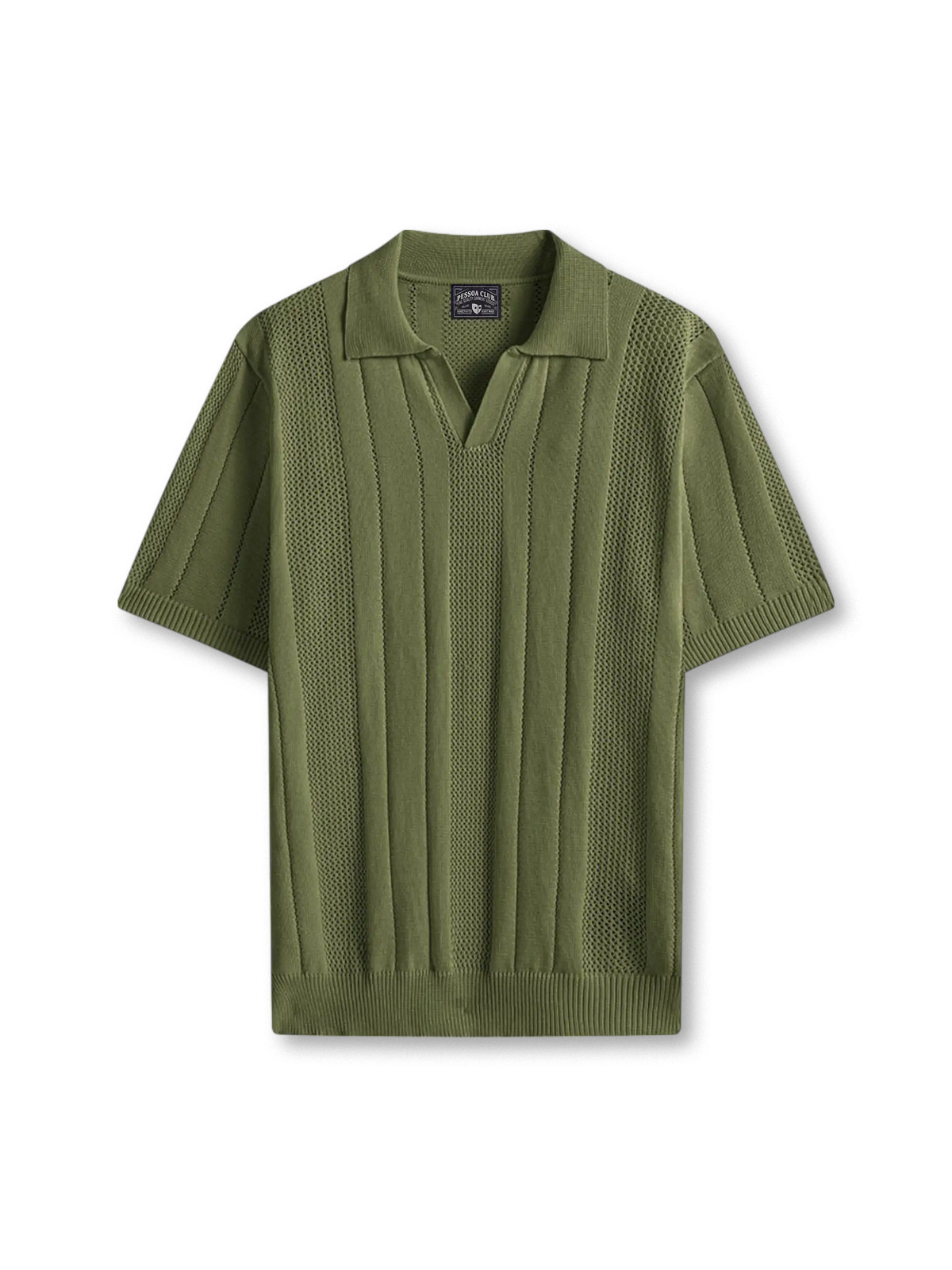 リブとメッシュ編みが映えるオープンカラーニットポロシャツ