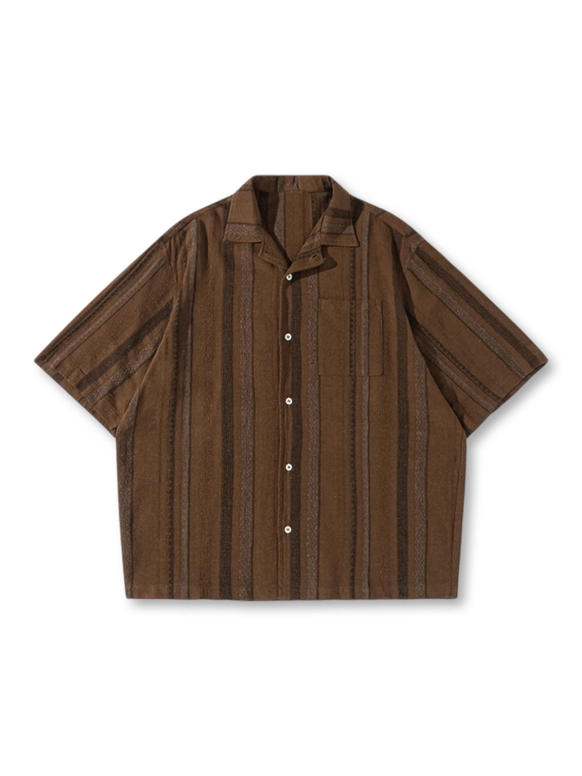 1950年代キャンプシャツをルーツに持つブラウンストライプの開襟シャツ