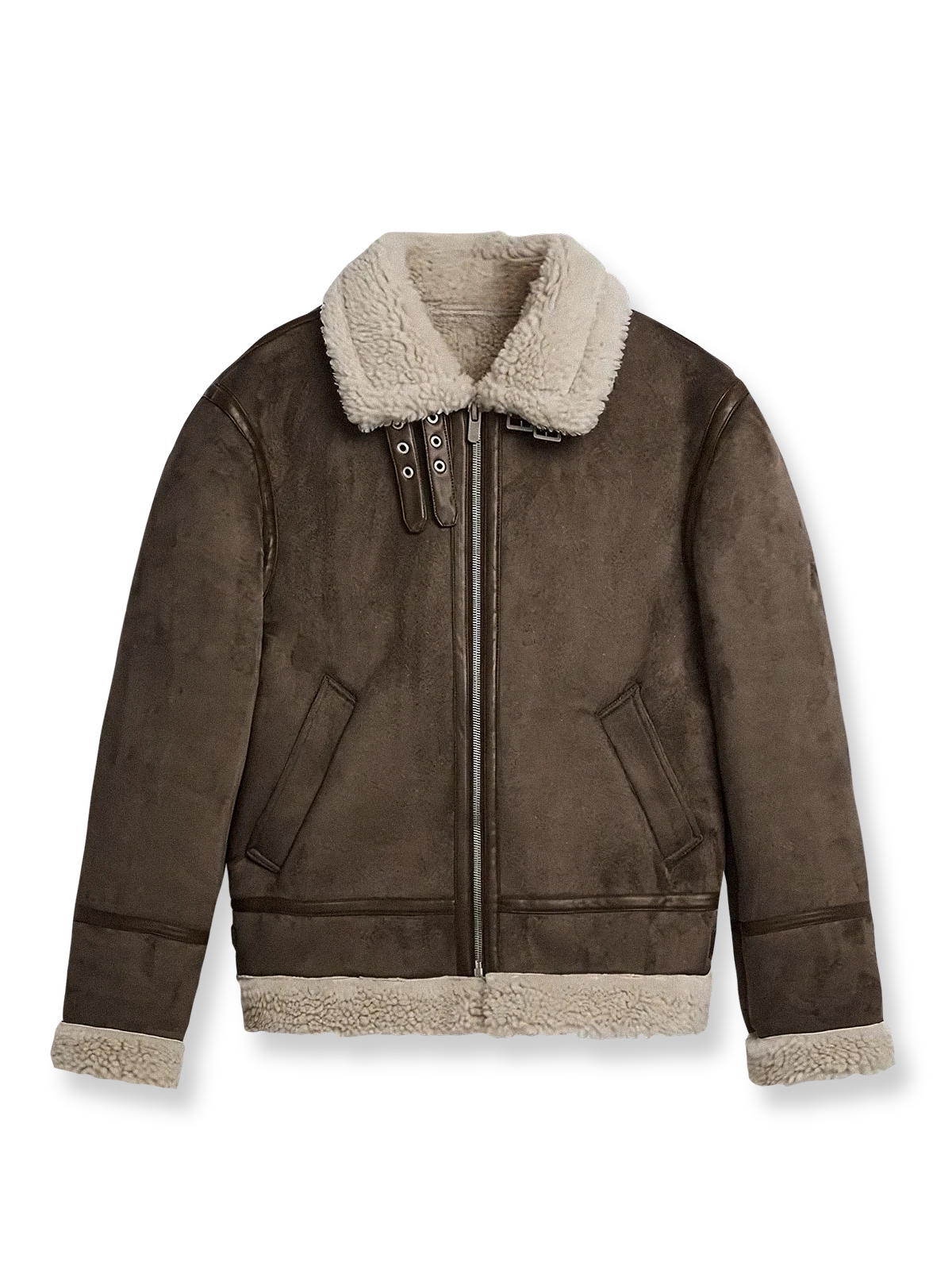 スエード調フェイクレザーとシープボア裏地を使用したオープンカラージャケット。調節可能ベルトとロールカフス袖口付き。