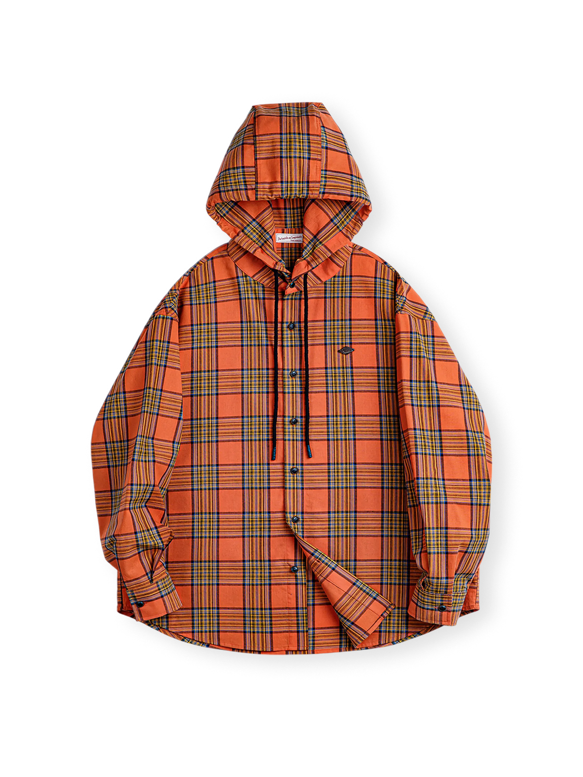 鮮やかなオレンジチェック柄のコットンフーディーシャツ。ドローコード付きフードと弧状裾が特徴。
