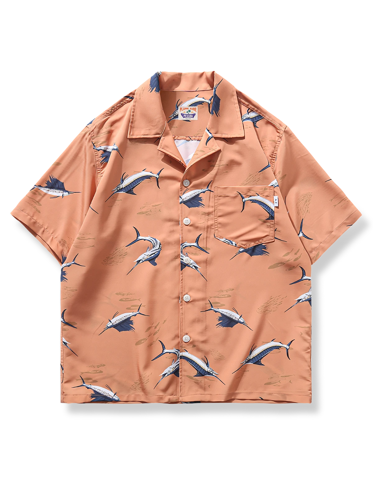 カジキ柄オレンジキューバシャツ、魚群プリント、ルーズフィット、通気性ポリエステル素材