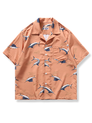 カジキ柄オレンジキューバシャツ、魚群プリント、ルーズフィット、通気性ポリエステル素材