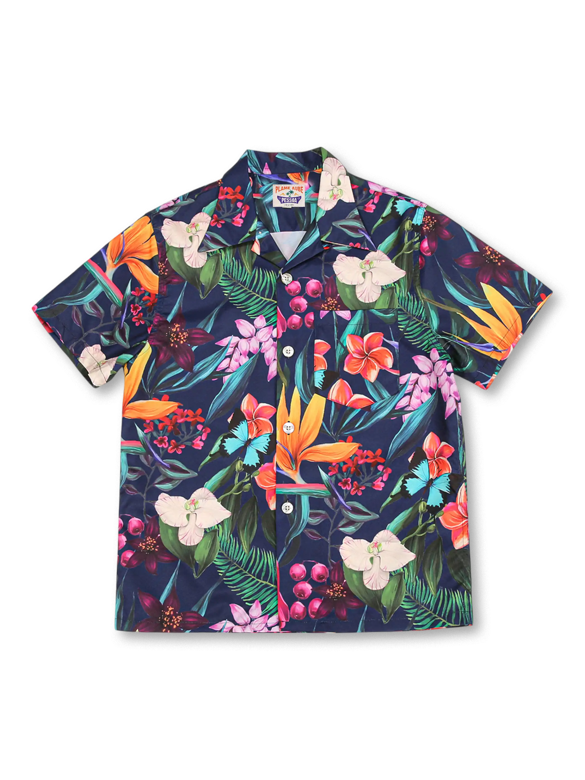 蝶蘭と極楽鳥花のトロピカルプリントが映えるキューバカラーシャツ