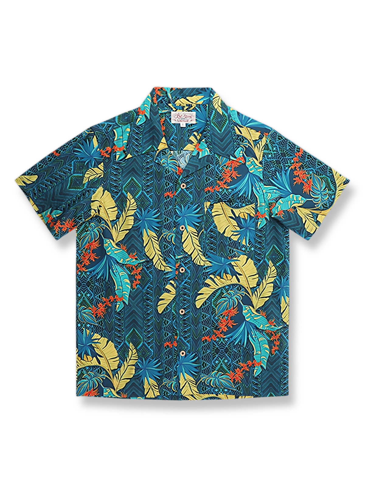 オーガニックコットン素材にヤシボタンを配したハワイアンプリント半袖シャツ
