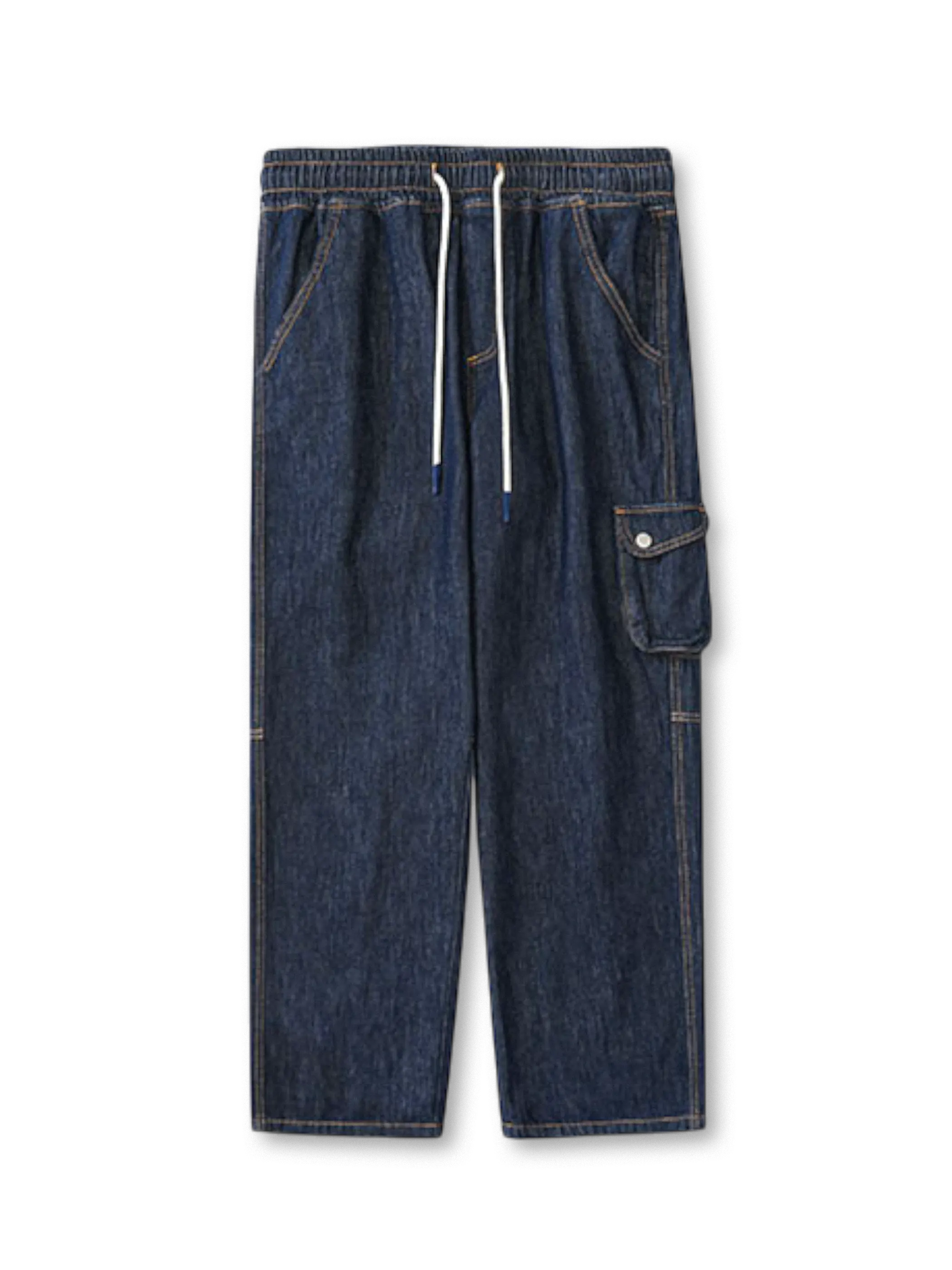 ウエストゴムとドローストリング付きのシンプルで機能的なオリジナルデニムワークパンツ。