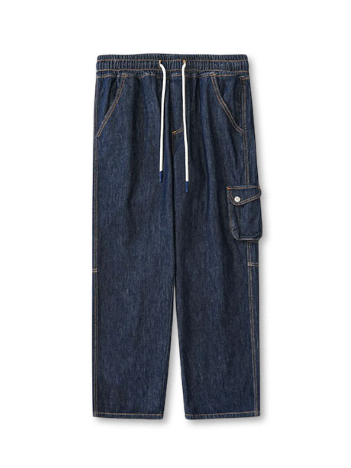 ウエストゴムとドローストリング付きのシンプルで機能的なオリジナルデニムワークパンツ。