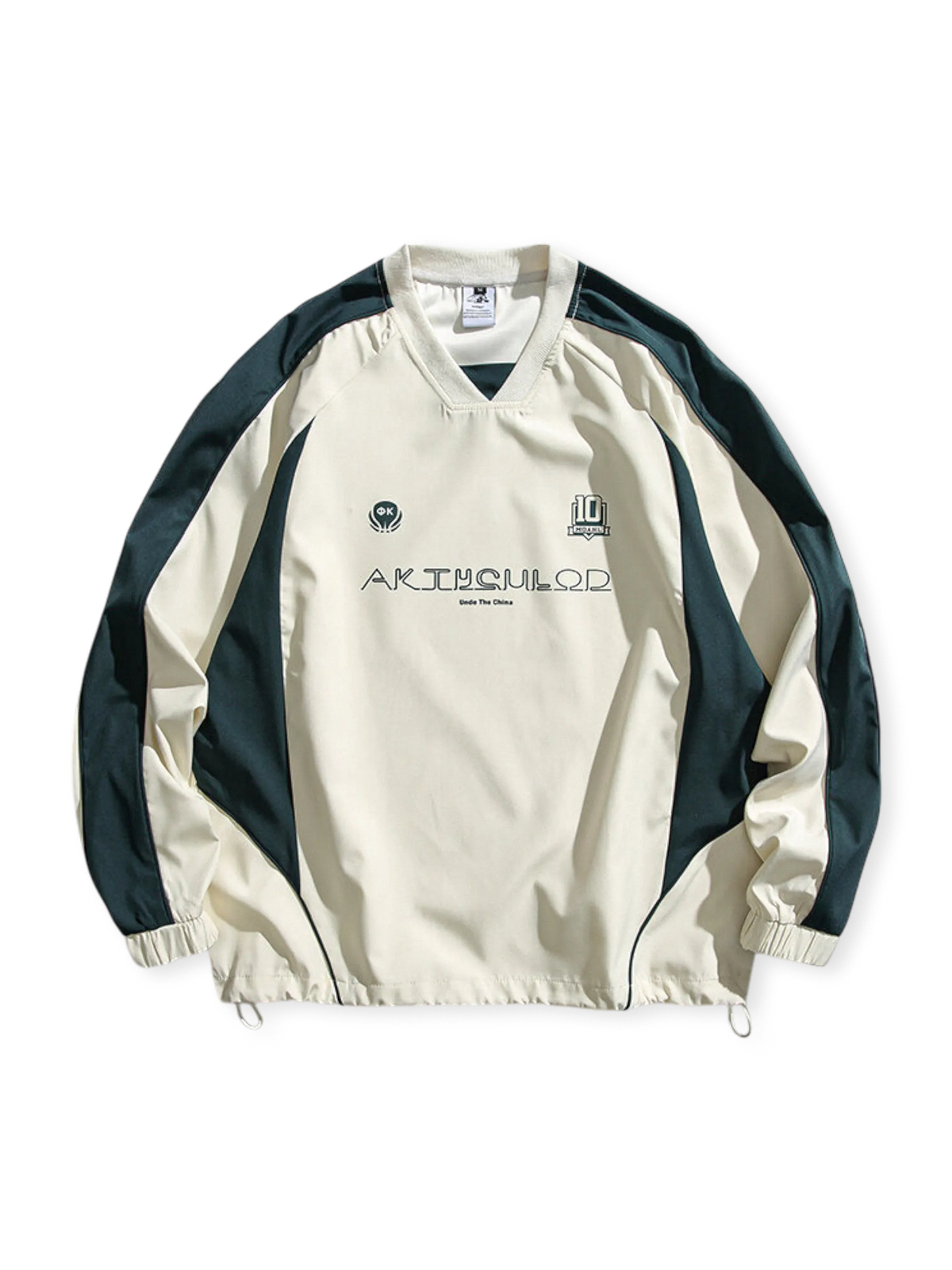 Vネックと対比カラーのブロックパネルを持つスポーティなスウェット。ドローコード裾とゴム袖口、プリント刺繍が特徴