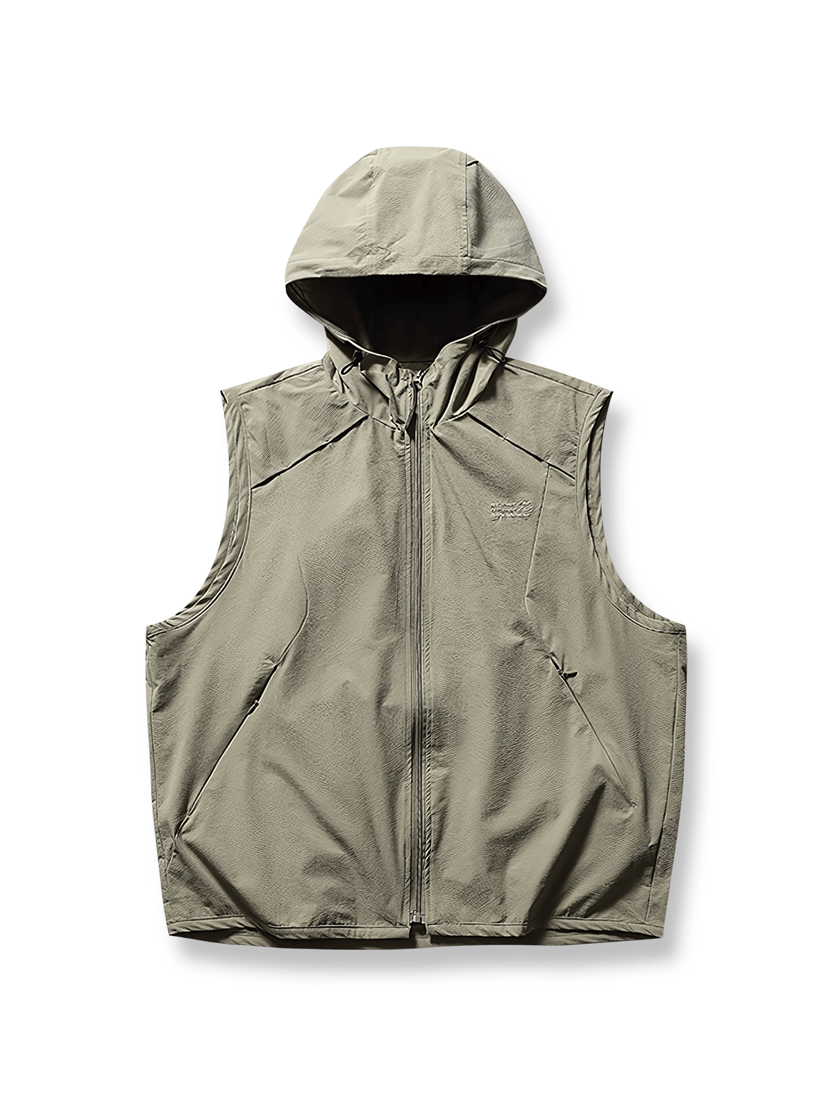 防風性と収納力を備えたフード付きノースリーブベスト