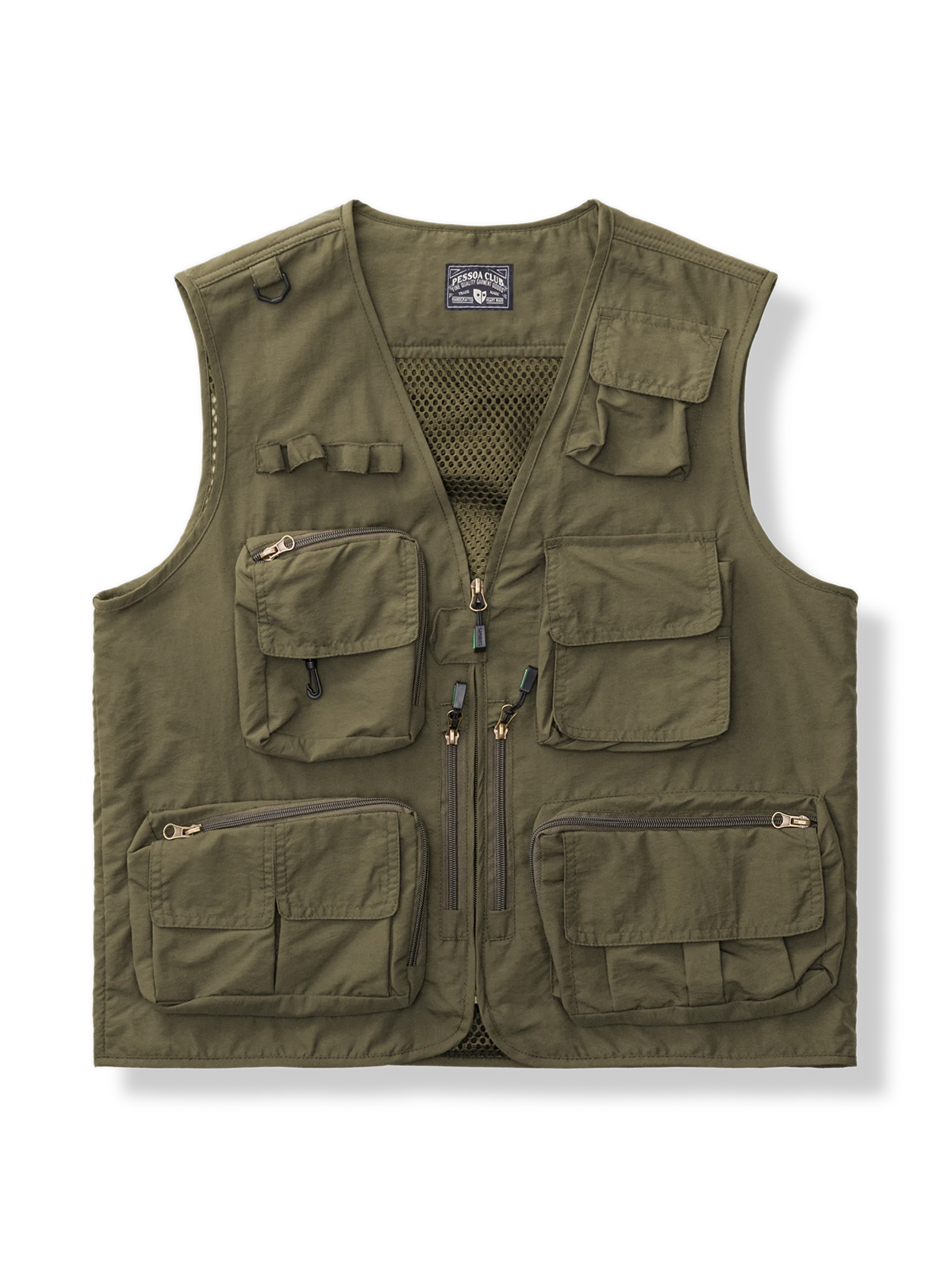 ナイロン表地とメッシュ裏地を備えた多ポケットアウトドアベスト。