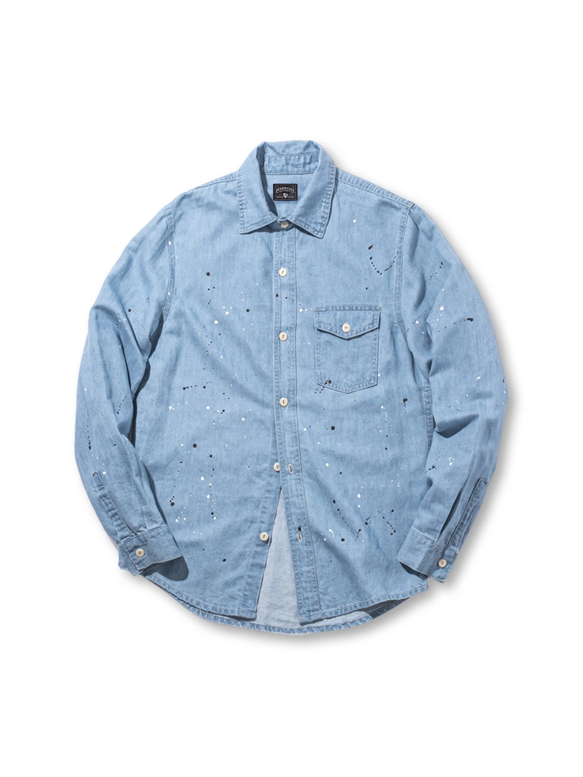 米海軍作業着由来のペイントスプラッター加工が特徴のデニムワークシャツ。