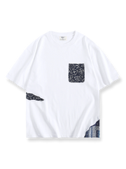 ペイズリーパッチワークのポケットが特徴のコットン半袖Tシャツ